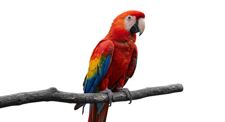 Scarlet macaw perched on a weathered branch, isolated against a solid black background © Ophelia