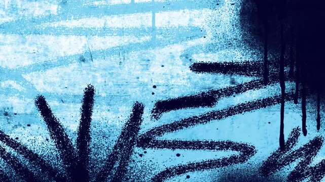 Rough urban wall grunge animated texture loop with bold blue spray paint splatters abstract marker scribbles and dark ink drips