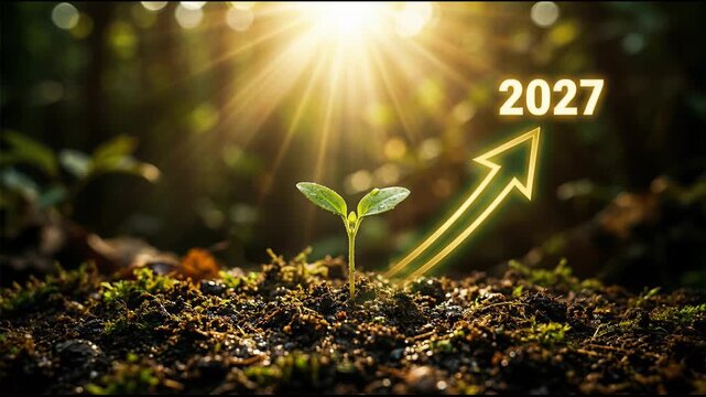 A small green seedling growing in rich dark soil with golden sunlight streaming from above. A glowing arrow pointing upwards alongside the text 2027 represents future growth and new beginnings.