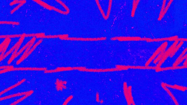 Vibrant psycho pop acid loop featuring neon pink crayon scribbles on electric blue surface with abstract hand drawn arrows and grungy stop motion texture