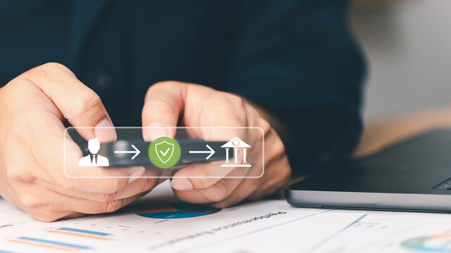 Close-up person using smartphone secure mobile banking transaction data. Concept digital finance cybersecurity protection payment system corporate technology solution infrastructure