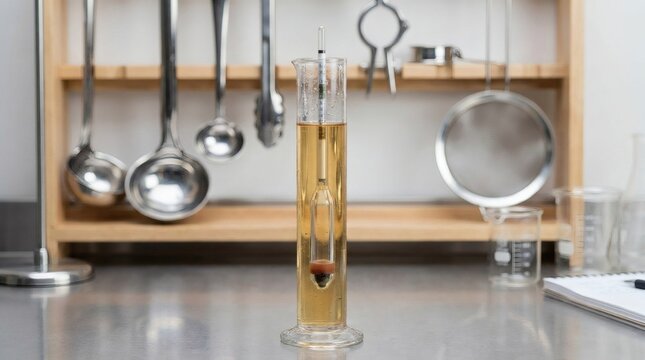 Hydrometer in Graduated Cylinder Filled with Golden Liquid, Kitchen Utensils Hanging in Background