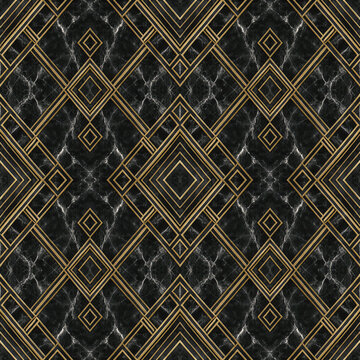 Luxury art deco seamless pattern with geometric gold diamond shapes over a dark black marble background.