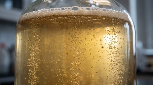 Close-up of fermentation bubbles and sediment in a glass jar of kombucha or other fermented beverage