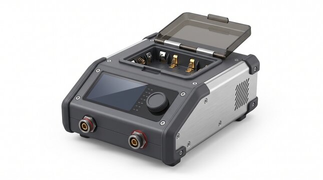 Industrial fiber optic fusion splicer device, portable optical fiber splicing tool, electronic testing equipment isolated on white