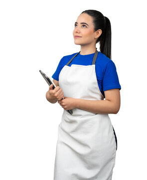 Woman wearing apron holding tablet looking up and thinking 