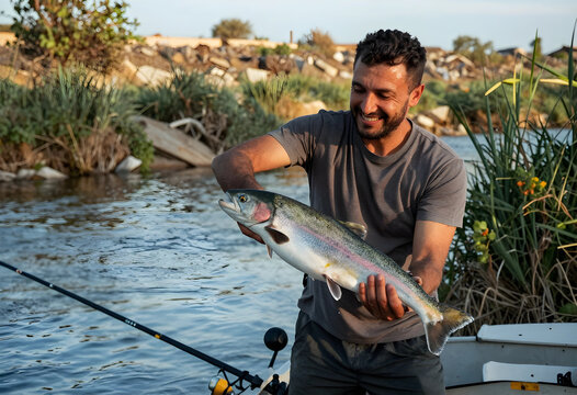 recreational fishing and outdoor leisure, happy man holding a fresh rainbow trout caught in a river during a sunny day of sport fishing activity