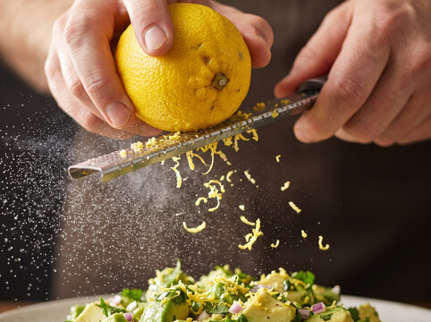 Close Up Hands Zesting Fresh Lemon Over Vegetable Salad