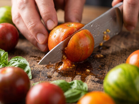 Chef Hands Slicing Fresh Red Cherry Tomatoes With Knife