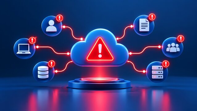 3D Cloud Computing Network Error Concept With Red Warning Alert Signs