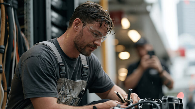 A union cloud architecture worker in a rain soaked street outside a data centre improvises a cable routing fix using materials from a nearby kit his work apron marked with grease