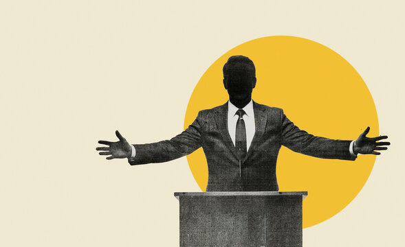 Businessman giving speech from podium with open arms gesture