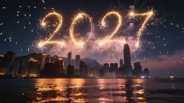 Launching fireworks, golden numerals forming 2027 above harbor skyline, smoke rising, lit vessel