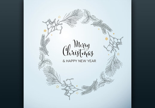 Merry Christmas and Happy New Year Hand Drawn Wreath Background
