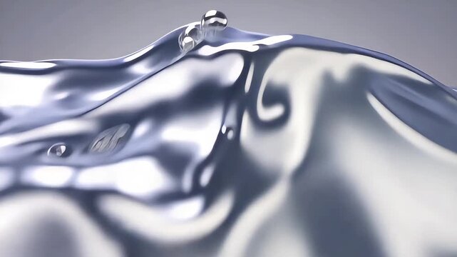 Liquid silver metal splashing with smooth waves and bubbles on grey studio background