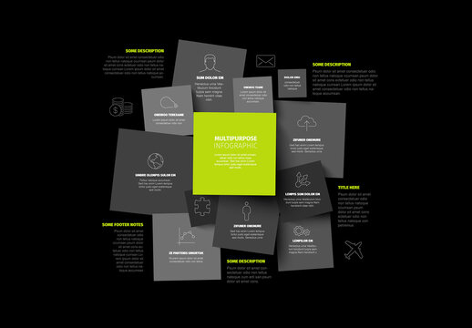 Modern Multipurpose Infographic Template with Dark Squares and Neon Green Accents
