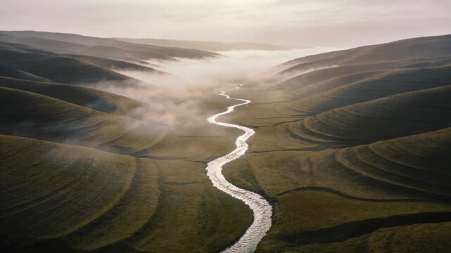 Gliding drone initiating forward drift over valley mist, showing winding shiny stream and stones