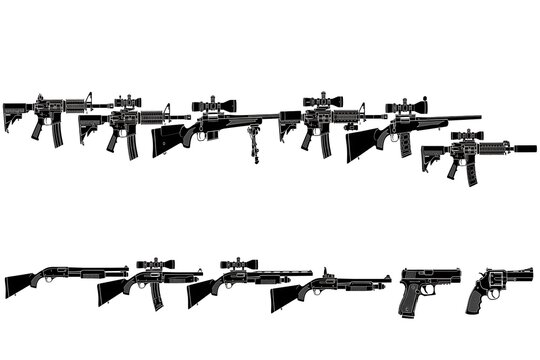 Firearms Silhouette Set Assault Rifles Sniper Shotgun Pistol Revolver