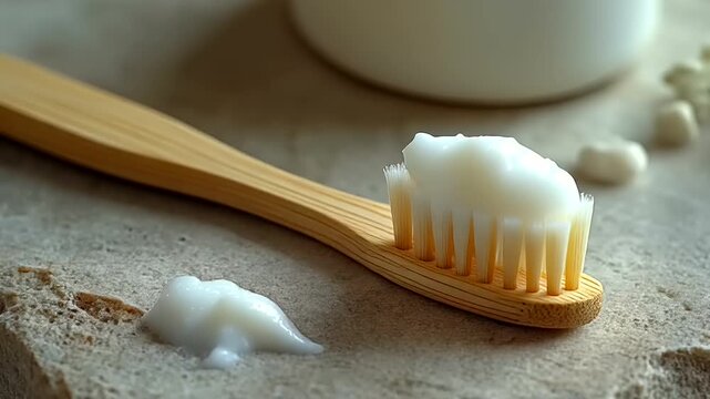 Close up of a bamboo toothbrush with white toothpaste on bristles.