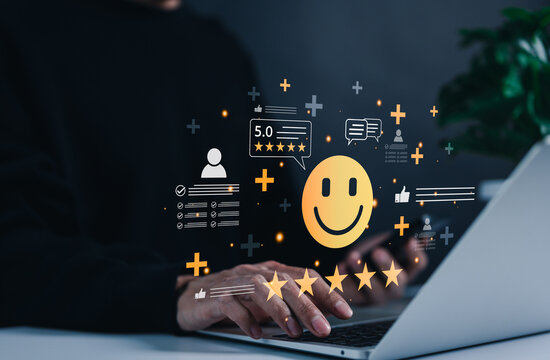 Customer satisfaction and positive feedback concept. Person using laptop with smile face icon, five star rating score, excellent review appraisal, client evaluation checklist, top service assessment