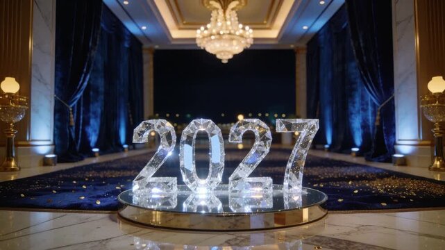 Pulling back camera revealing 2027 sculpture reflecting light while framing grand ballroom, mirror