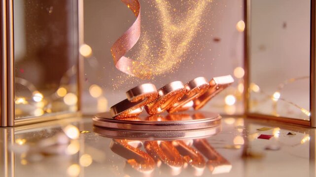 Falling ribbon sparking glitter spray, rose-gold 2027 numerals tilting on mirrors confetti drifting
