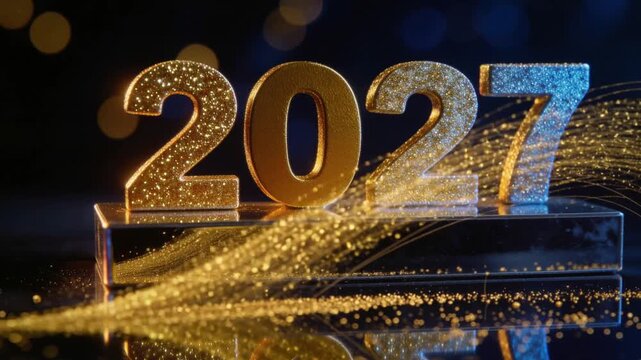 Glittering numerals 2027 resting on mirror base catching gold dust flowing from right, for New Year