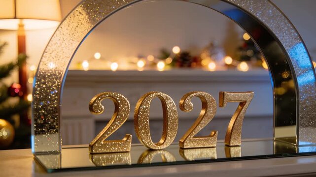 Camera shifting, gold numerals reading 2027 catching glints on mirrored base, showing decor