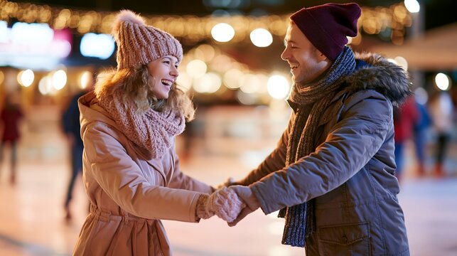 Happy young couple ice skating together on an outdoor rink