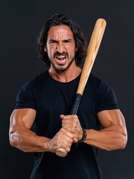 Muscular man with angry expression holding a baseball bat.