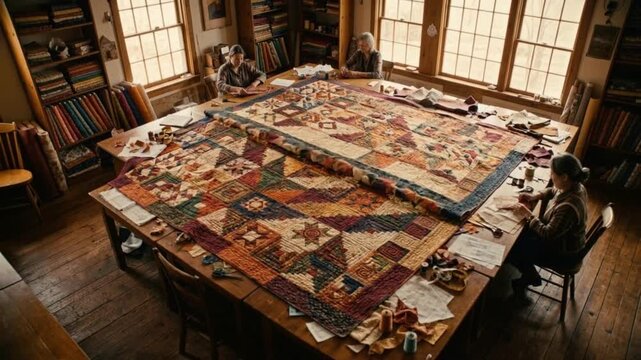 Women meticulously assemble a large, complex quilting pattern on a wooden table, crafting a vibrant and growing textile tapestry in a sunlit workshop.