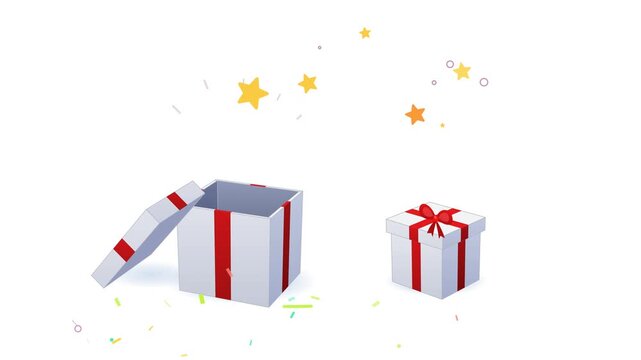 Realistic 3D-projected white gift boxes with red ribbons and bows. The lid pops open and confetti, stars and rings burst out. Seamless 8 second loop o.