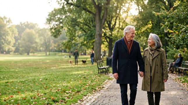 Diverse couples stroll together along leafy park path, sharing warm smile beneath mature trees on peaceful day.