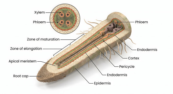 plant root anatomy cross section diagram showing xylem phloem root cap zone of elongation cortex pericycle in detailed 3d scientific rendering on white background for biology education learning