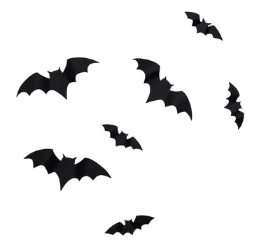 Black bat silhouettes flying across a white background at night