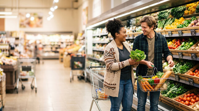 Diverse couples shopping for fresh produce in bright grocery store share cheerful moment while choosing vegetables together.