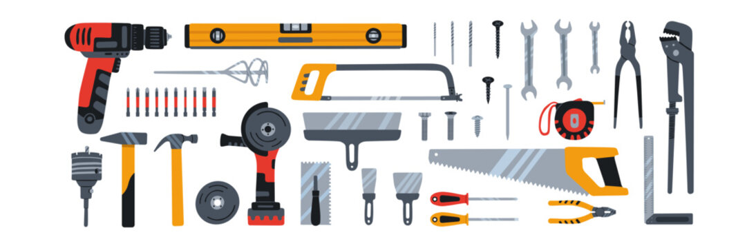 Construction hand and power tools set. Drill, angle grinder, hammer, saw, pliers, screwdrivers for carpentry, masonry, woodworking, and workshop repair in a clean flat vector illustration style.