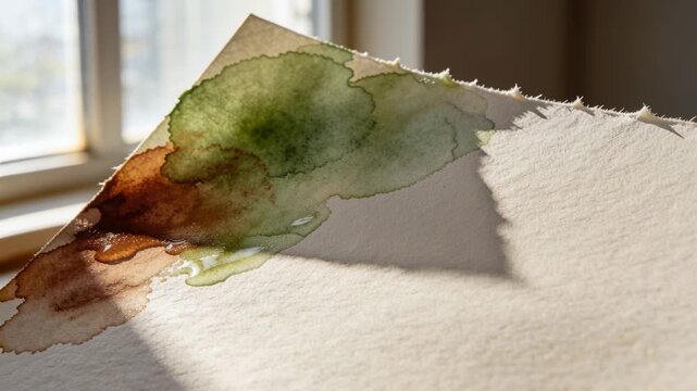 Shifting sun making torn deckle watercolor paper at desk showing green brown wash feathering