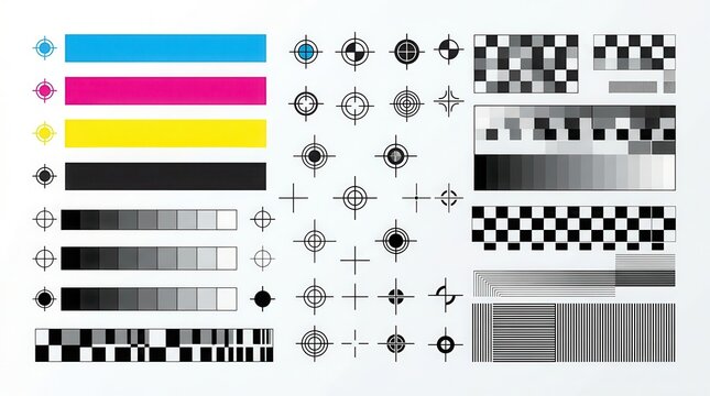 A collection of CMYK color scales and registration marks for print production quality control