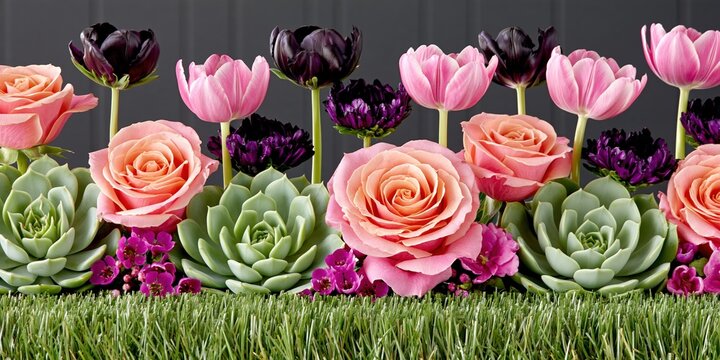 A colorful arrangement of diverse flowers and succulents displayed on lush green grass.