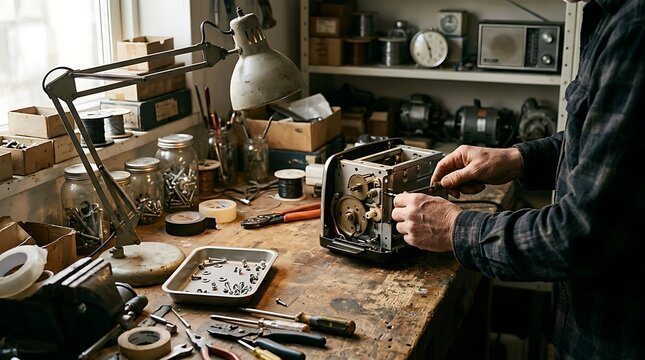 An artisan carefully repairs an old mechanical toaster with a screwdriver at a cluttered wooden workbench in a vintage workshop filled with tools, gears, and spare parts