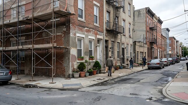 A quiet city street scene in an urban neighborhood featuring old brick row houses, scaffolding on a building under renovation, potted plants on the sidewalk, and pedestrians walking past par