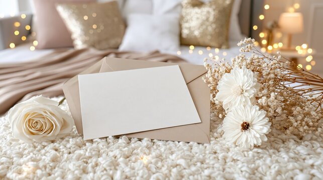 Blank card and envelope with flowers on a cozy textured surface.