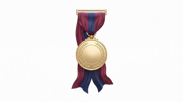 Gold Medal with Red and Blue Ribbon for Achievement, Victory, and First Place Award Isolated on White Background
