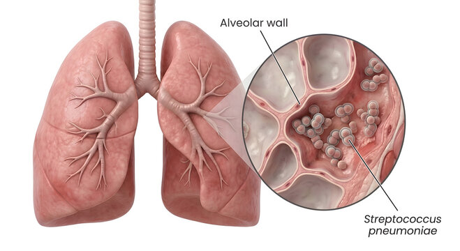 human lungs anatomy diagram showing pneumonia infection with streptococcus pneumoniae bacteria inside alveolar wall 3d render medical illustration on white background for healthcare education