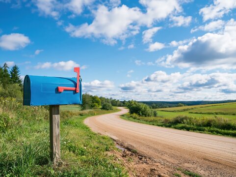 Rural landscape features a blue mailbox alongside a winding dirt road.