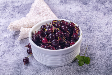Ripe dark red gooseberries in white ceramic bowl on gray textured background © Andrei Starostin