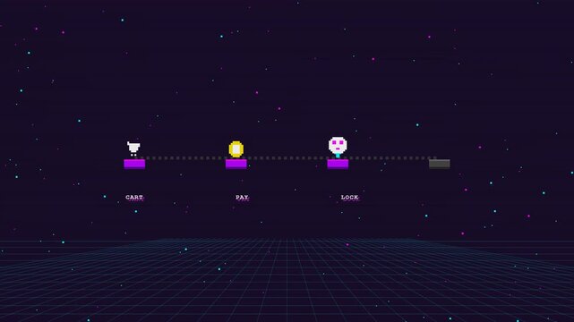 Retro pixel art 8-bit video game interface sequence showing stage clear message progress on dark space background with platforms skull icons and gold coins for arcade gaming nostalgic design