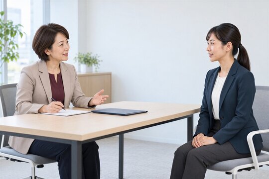 採用面談で対話する日本人女性の人事担当者と応募者
