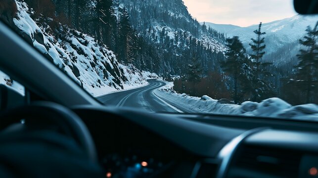 View from inside a car driving on a scenic snowy road